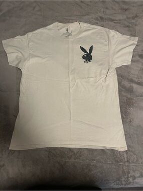 Playboy White Graphic T-Shirt Size Large Black Bunny Logo Front & Back